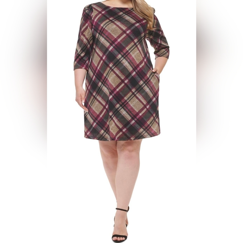 🩷 Jessica Howard NWT Plus Size Mock Neck Plaid A-Line Dress Size 2X - Picture 2 of 11
